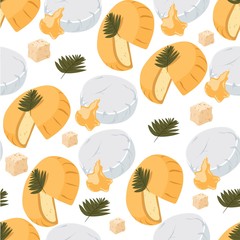 Cheese chunks with herbs, dairy products seamless pattern