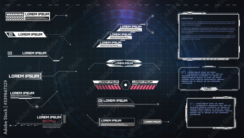 Fototapete HUD, UI, GUI futuristic user interface screen elements set. High tech screen for video game. Sci-fi concept design. Callouts titles. Modern banners, frames of lower third.Sci-fi empty banners for text