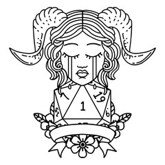 crying tiefling face with natural 1 D20 Dice illustration