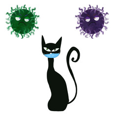 black cat on white background in medical mask and two giant viruses. Coronavirus danger. COVID-19 safety. Healthcare. Antivirus, flu protection