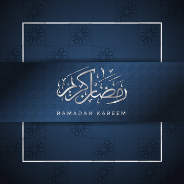 Ramadan Kareem greeting card premium design. Elegant and minimalist concept, with dark blue textured background and silver subjects or elements. Square format. Vector illustration