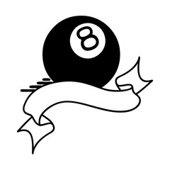 black linework tattoo with banner of a 8 ball