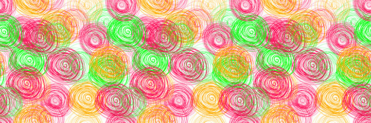 Fototapeta na wymiar Vector colorful seamless pattern, multicolored background template, scribble chaotic circles and lines, handdrawn.