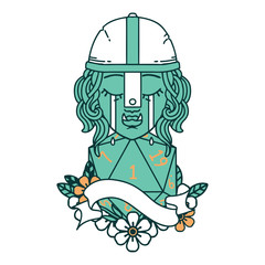 crying orc fighter character face with natural one d20 roll illustration
