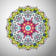 Ornamental round colorful geometric pattern in aztec style