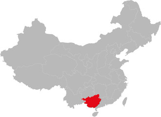 Guangxi zhuang province highlighted on china map. Gray background.