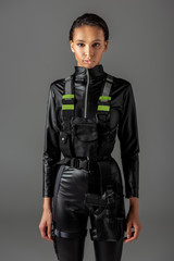 young attractive futuristic african american woman isolated on grey