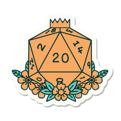 natural 20 D20 dice roll with floral elements sticker