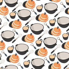 Cookware and dishes for serving food seamless pattern