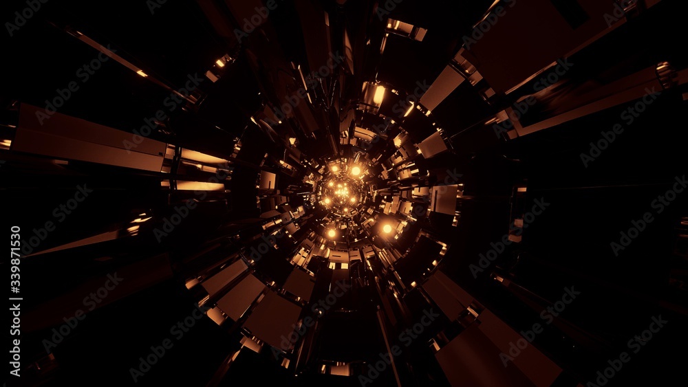 Wall mural 3d rendering abstract background of a futuristic circle tunnel with glowing brown and gold lights