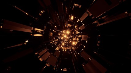3D rendering abstract background of a futuristic circle tunnel with glowing brown and gold lights