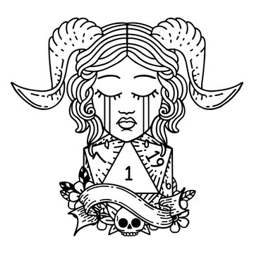 crying tiefling with natural one D20 dice roll illustration