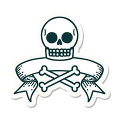 tattoo sticker with banner of a skull and bones