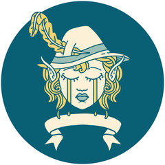 crying elf bard character face with banner illustration