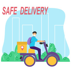 Safe contactless delivery. Delivery man riding moped scooter wearing face medecine mask for coronaviruses pandemic on the city. Can used for banner, website design, landing web page, social media