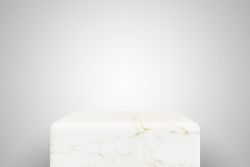 Empty white marble podium on white background. Best for product presentation. 3d rendered cube pedestal for placement.