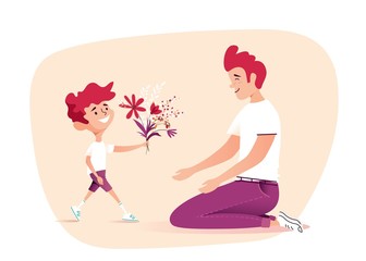 Obraz na płótnie Canvas Vector Illustration Of Happy Father Receiving Flowers from His Son. Happy Father`s Day Greeting Card.