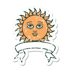grunge sticker with banner of a sun with face