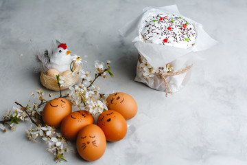 Beautiful Easter eggs. Chicken with a nest. Funny and cute decoration. happy Easter. Top view, side view. Space for text.