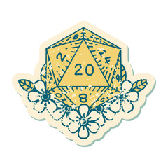 natural 20 D20 dice roll with floral elements illustration