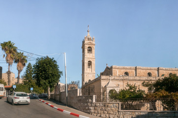 Fototapeta premium St. Nicholas church bell tower in Bay Jala - a suburb of Bethlehem in Palestine