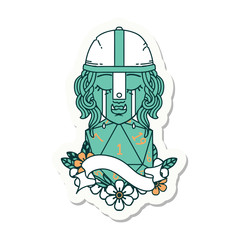 crying orc fighter character face with natural one d20 roll sticker