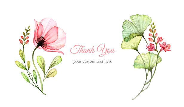 Watercolor floral card. Abstract poppy flower with ginkgo leaves in arch shape. Thank you card template with custom text. Botanical illustration for greetings, wedding, invitations