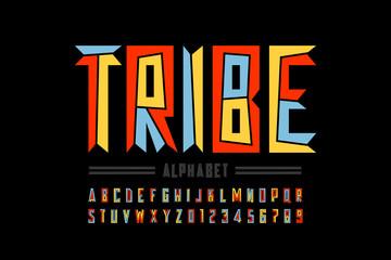Tribal style font design, capital alphabet letters and numbers