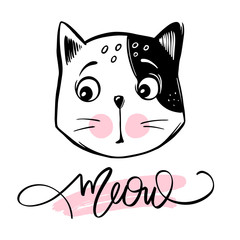 Vector cute cat illustration. Hand drawn Stylish kitten. Doodle Kitty. Meow lettering.