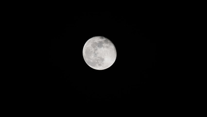 Close up of full moon with black sky background at night.