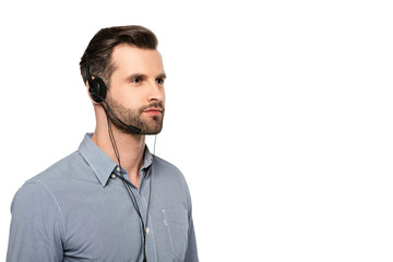 handsome and bearded operator in headset isolated on white