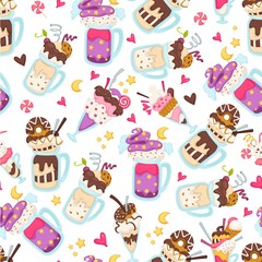Sweet desserts served in cups, ice creams seamless pattern