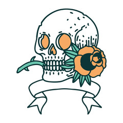 tattoo with banner of a skull and rose
