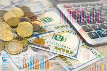 coins, dollars and calculator on the background of graphs. The concept of savings, economy, economic decline or growth.