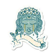 grunge sticker with banner of female face with third eye crying
