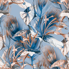 Watercolor Tropical Seamless Pattern with Feathers.