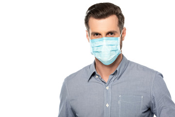 businessman in blue medical mask isolated on white