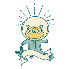 Fototapeta premium banner with tattoo style cat in astronaut suit