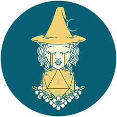 crying elf witch with natural one D20 roll illustration