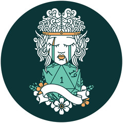 sad elf barbarian character face with natural one D20 roll icon