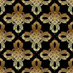Textured floral gold seamless pattern. Surface tapestry background. Vintage embroidery ornaments. Embroidered golden flowers, leaves. Stitching zigzag lines. Grunge endless texture. Ornate design