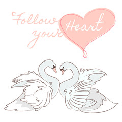 Retro wedding swans, great design for any purposes. Wedding swans in cartoon style on white background. Follow your heart.
