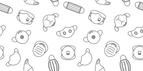 Seamless pattern of medical face masks. The pattern consists of icons of various masks in the style of a thin line, white background.Prevention of viral respiratory diseases.