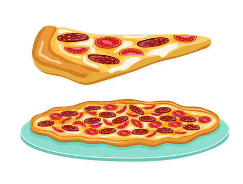Pepperoni Pizza Illustration. Circle and slice three quarter view vector Illustration isolated on white background