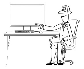 Vector funny comic cartoon drawing of businessman or man working in office on computer and pointing at empty display or screen.