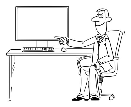 Vector funny comic cartoon drawing of businessman or man working in office on computer and pointing at empty display or screen.