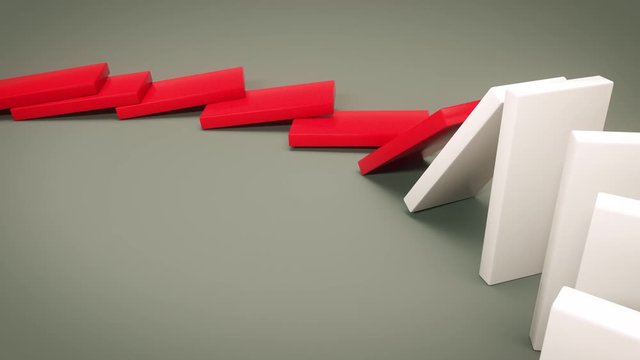 Red white dominoes falling in a row from left to right. Dominoes fall and at the end an inscription is formed stay home