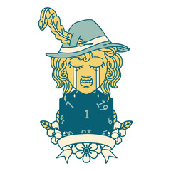 crying orc bard character with natural one D20 roll illustration