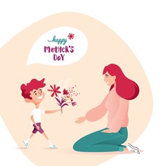 Vector Illustration Of Happy Mother  Receiving Flowers from Her Son.  Happy Mother`s Day Greeting Card.
