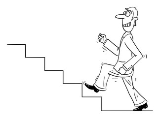 Vector funny comic cartoon drawing of confident businessman or man walking forward upstairs or up the stairs or steps for success and growth. Career and business concept.